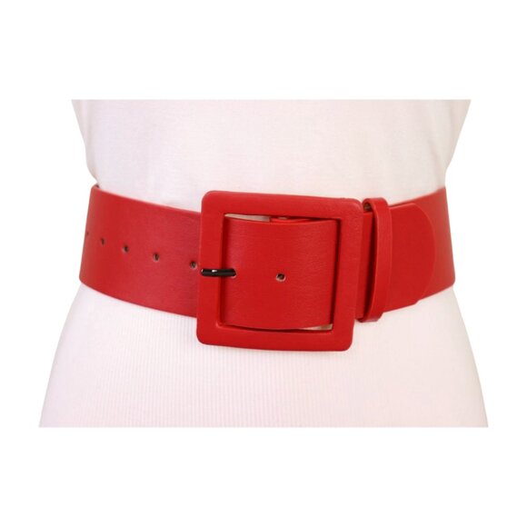 Women Red Faux Leather Waistband Fashion Belt Hip Waist Big Square Buckle M L - Picture 13 of 16